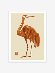 Minimalist orange crane bird illustration with Japanese-style brush strokes on a cream background