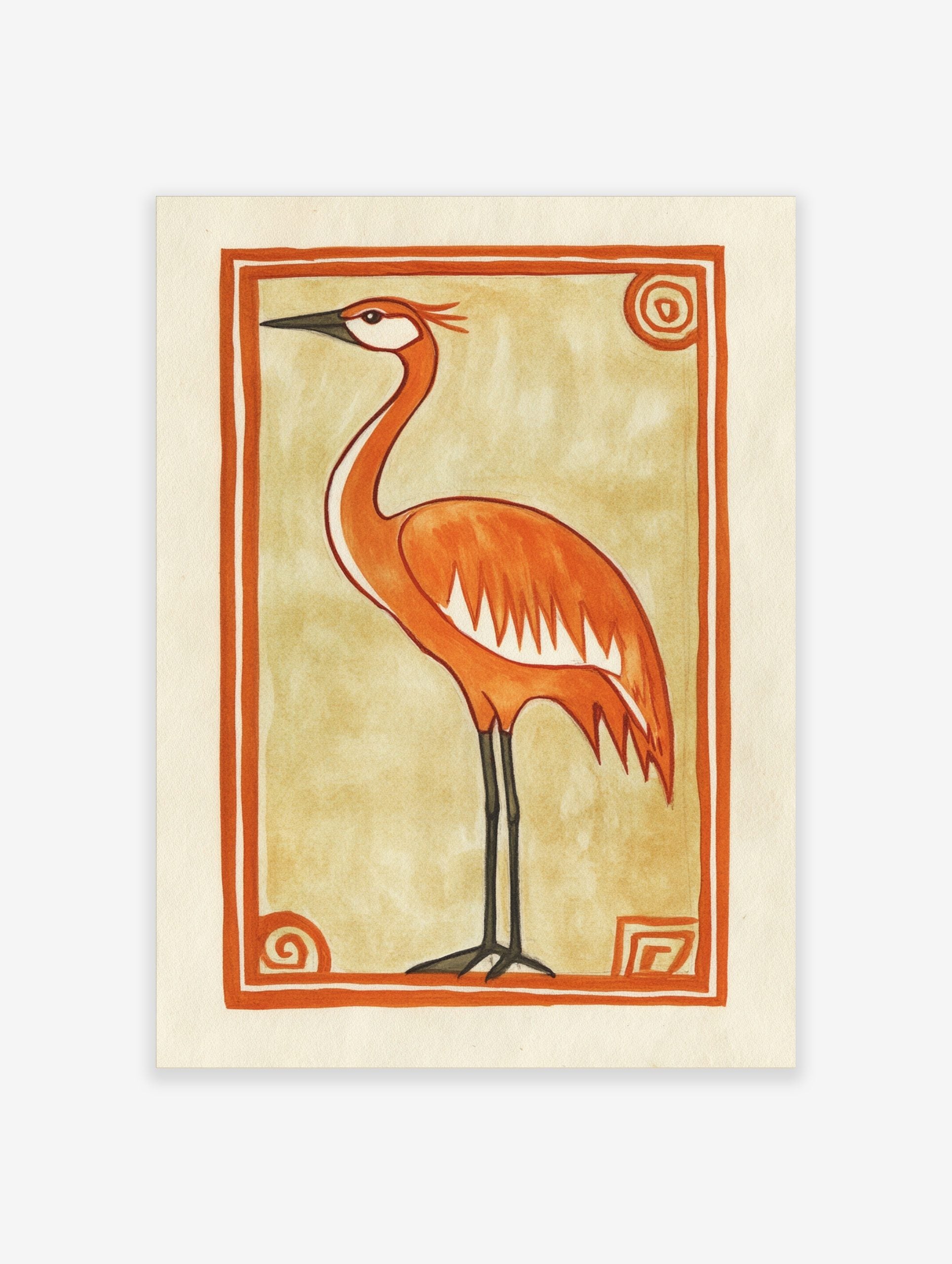 Orange crane bird illustration with black legs and beak, on beige background within an orange decorative border
