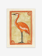 Orange crane bird illustration with black legs and beak, on beige background within an orange decorative border