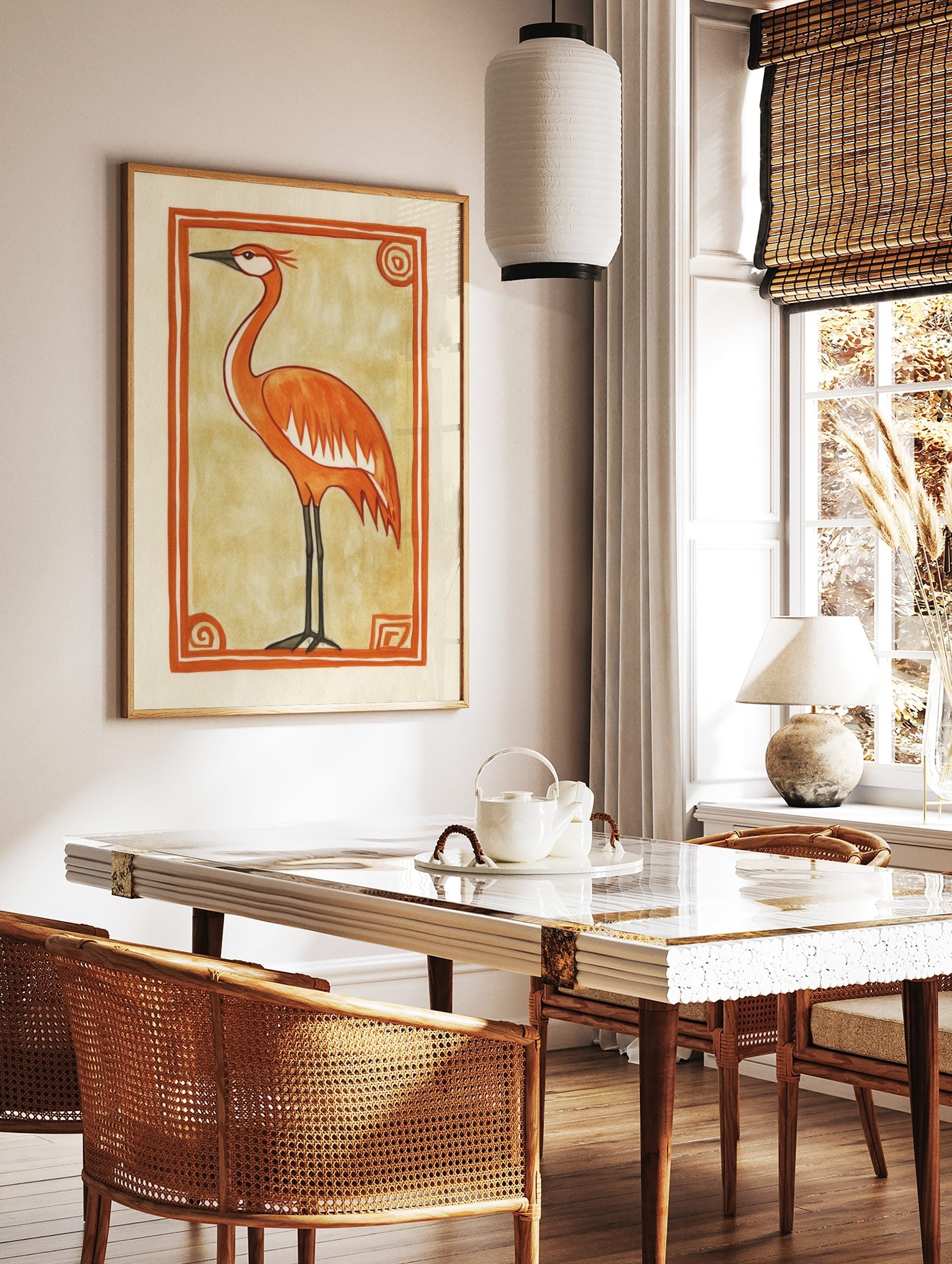 Orange crane bird illustration with black legs and beak, on beige background within an orange, in a styled room mockup