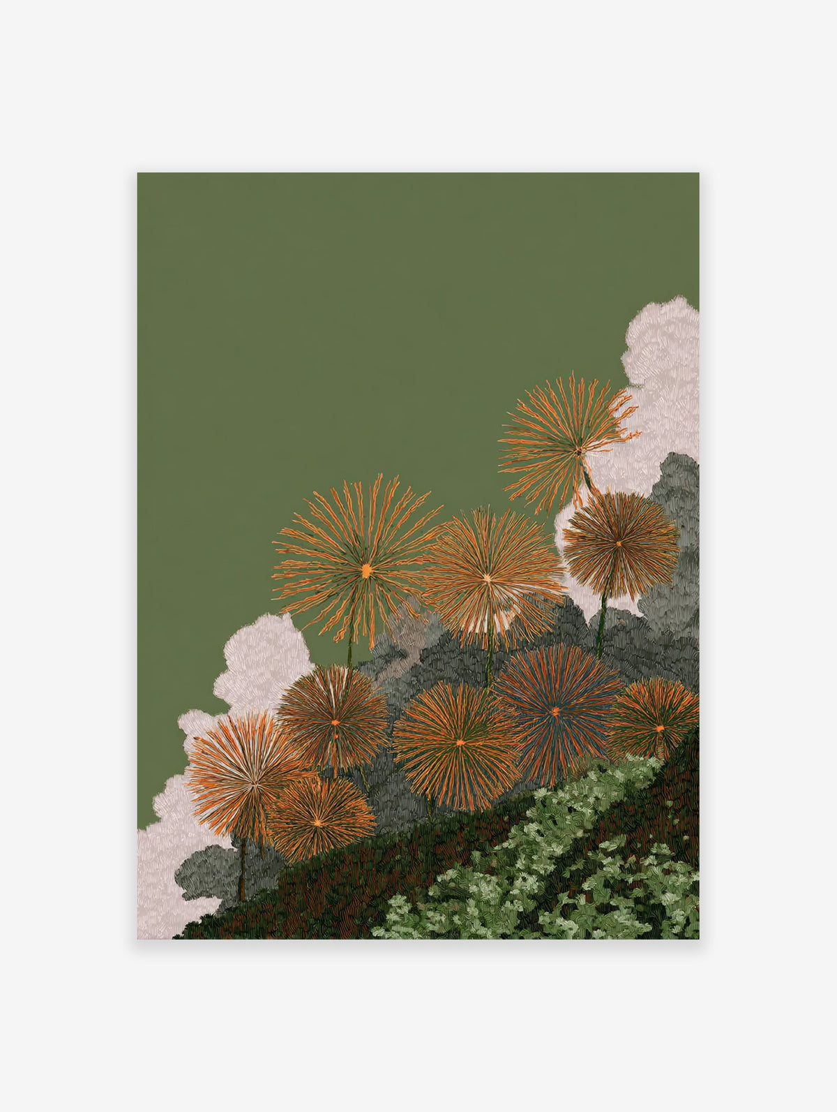 Orange Dandelion Botanical Wall Art print featuring spiky orange flowers, green foliage, and light clouds on a dark green background.