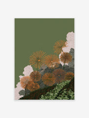 Orange Dandelion Botanical Wall Art print featuring spiky orange flowers, green foliage, and light clouds on a dark green background.