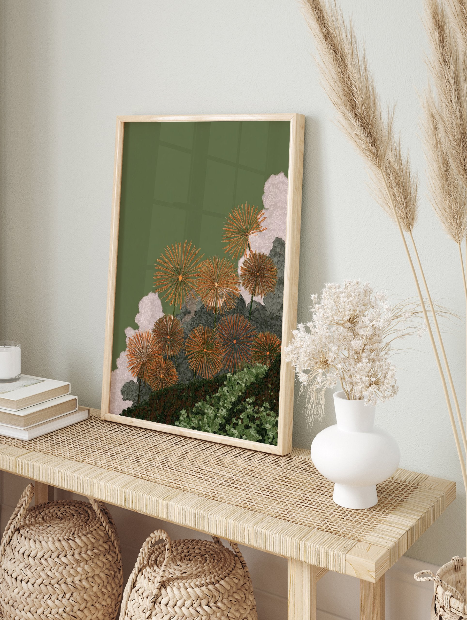 Orange Dandelion Botanical Wall Art print featuring spiky orange flowers, green foliage, and light clouds on a dark green background. - Image 3