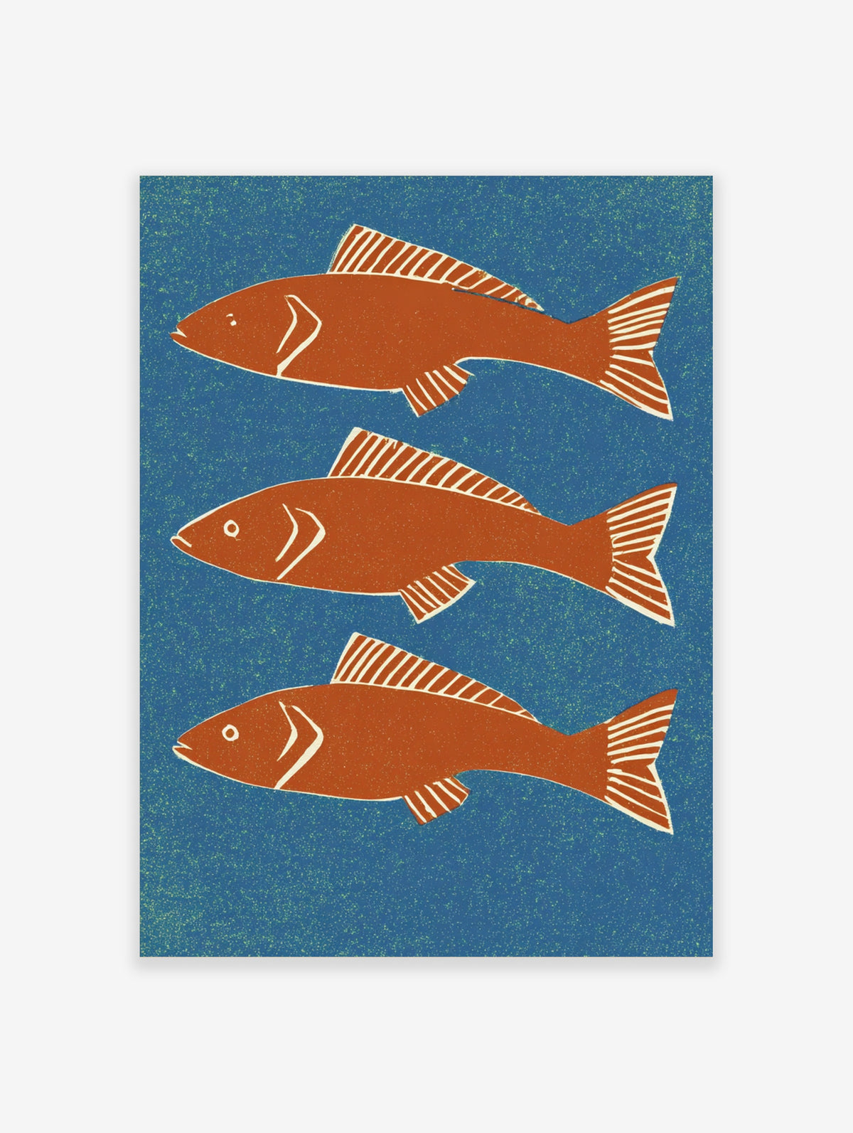 Orange fish wall art print with three fish in a vertical row on a speckled blue background