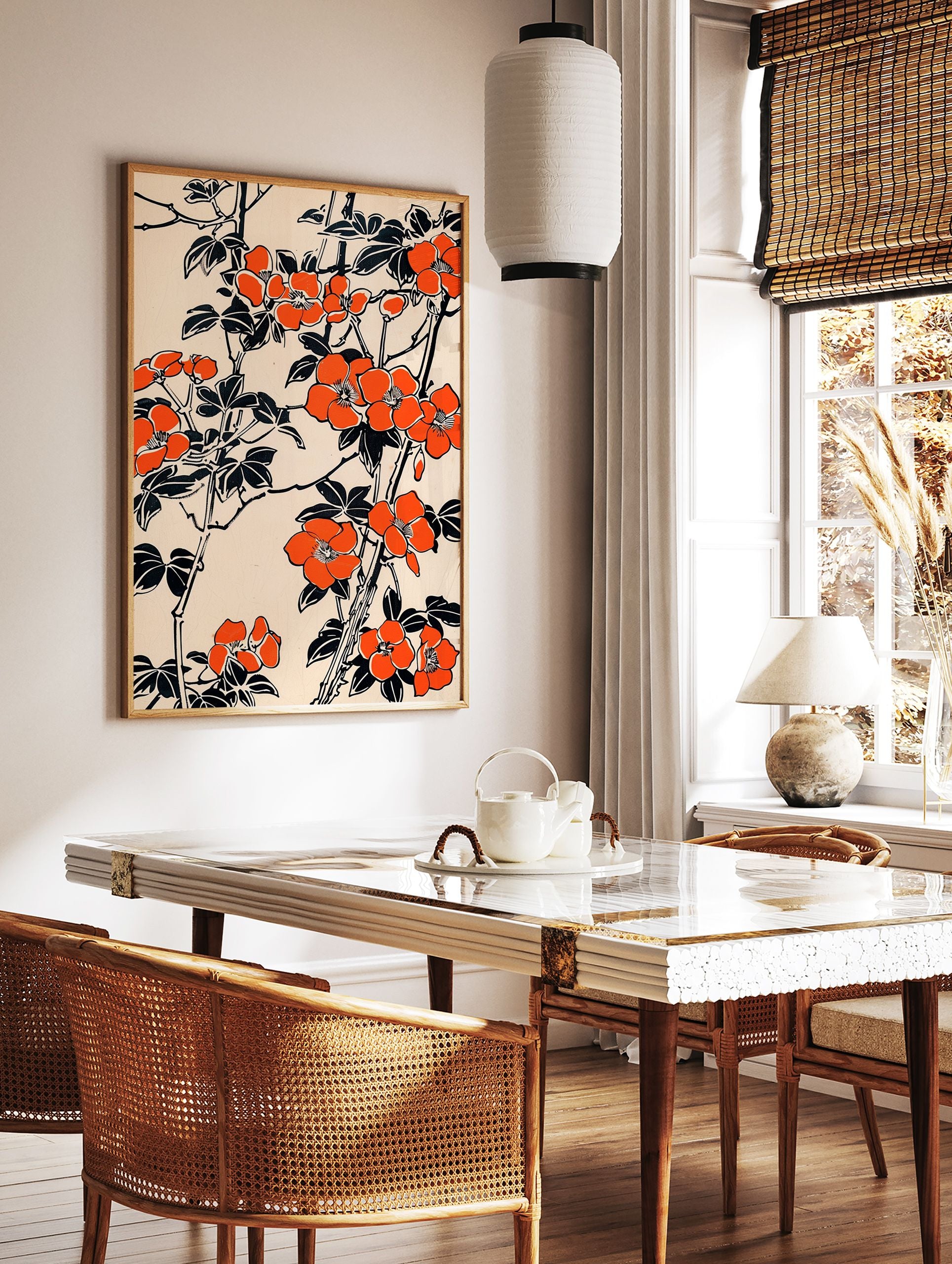 Orange floral poster featuring stylized Japanese botanical art with vibrant orange flowers and black leaves on a light background. - Image 2