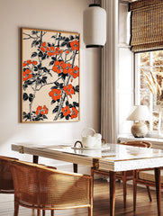 Orange floral poster featuring stylized Japanese botanical art with vibrant orange flowers and black leaves on a light background. - Image 2