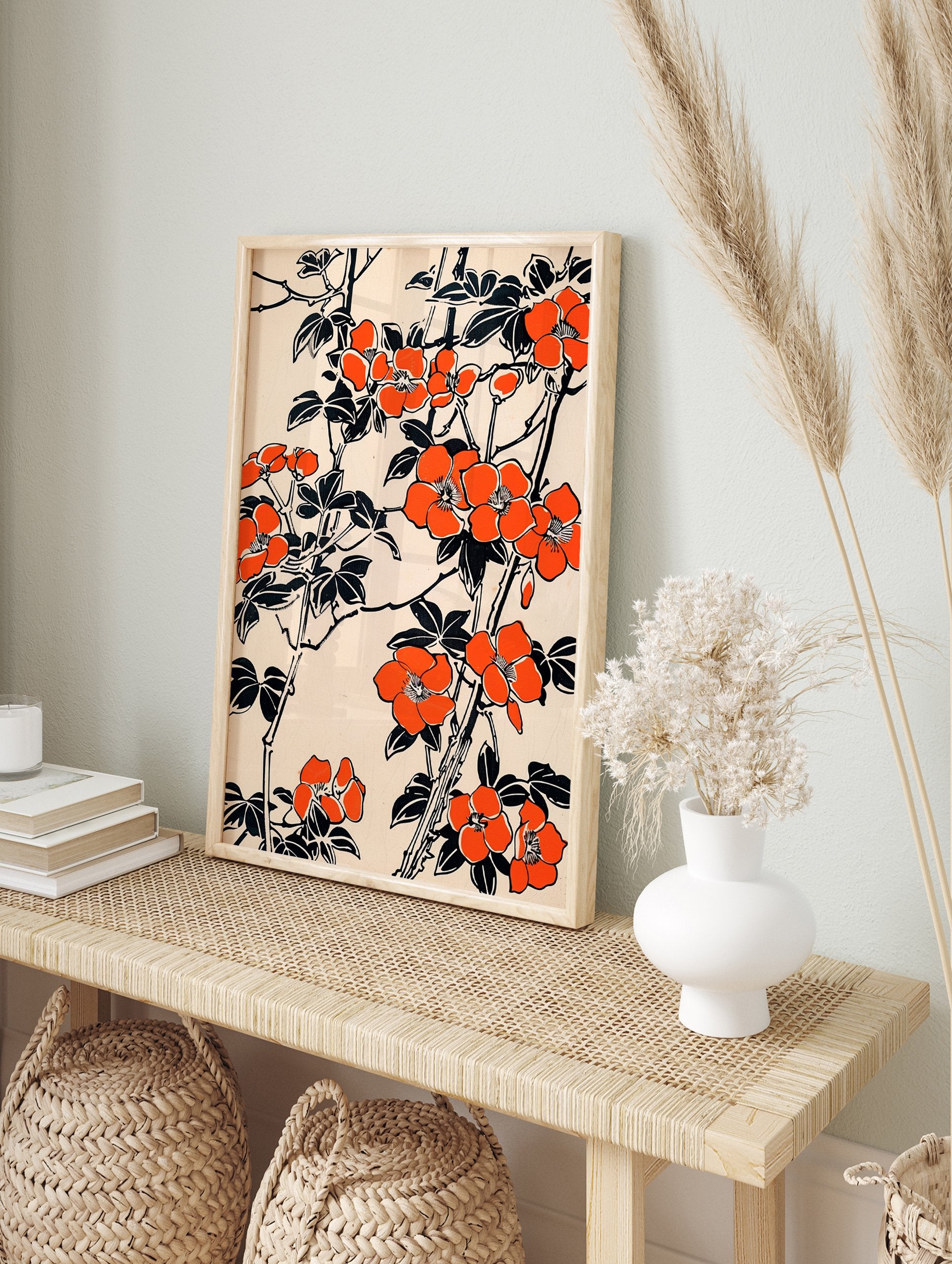 Orange floral poster featuring stylized Japanese botanical art with vibrant orange flowers and black leaves on a light background. - Image 4