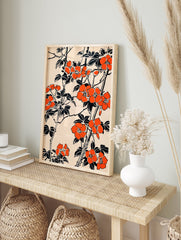 Orange floral poster featuring stylized Japanese botanical art with vibrant orange flowers and black leaves on a light background. - Image 4