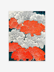 Orange and white floral pattern poster in Japanese woodblock style with dark teal background