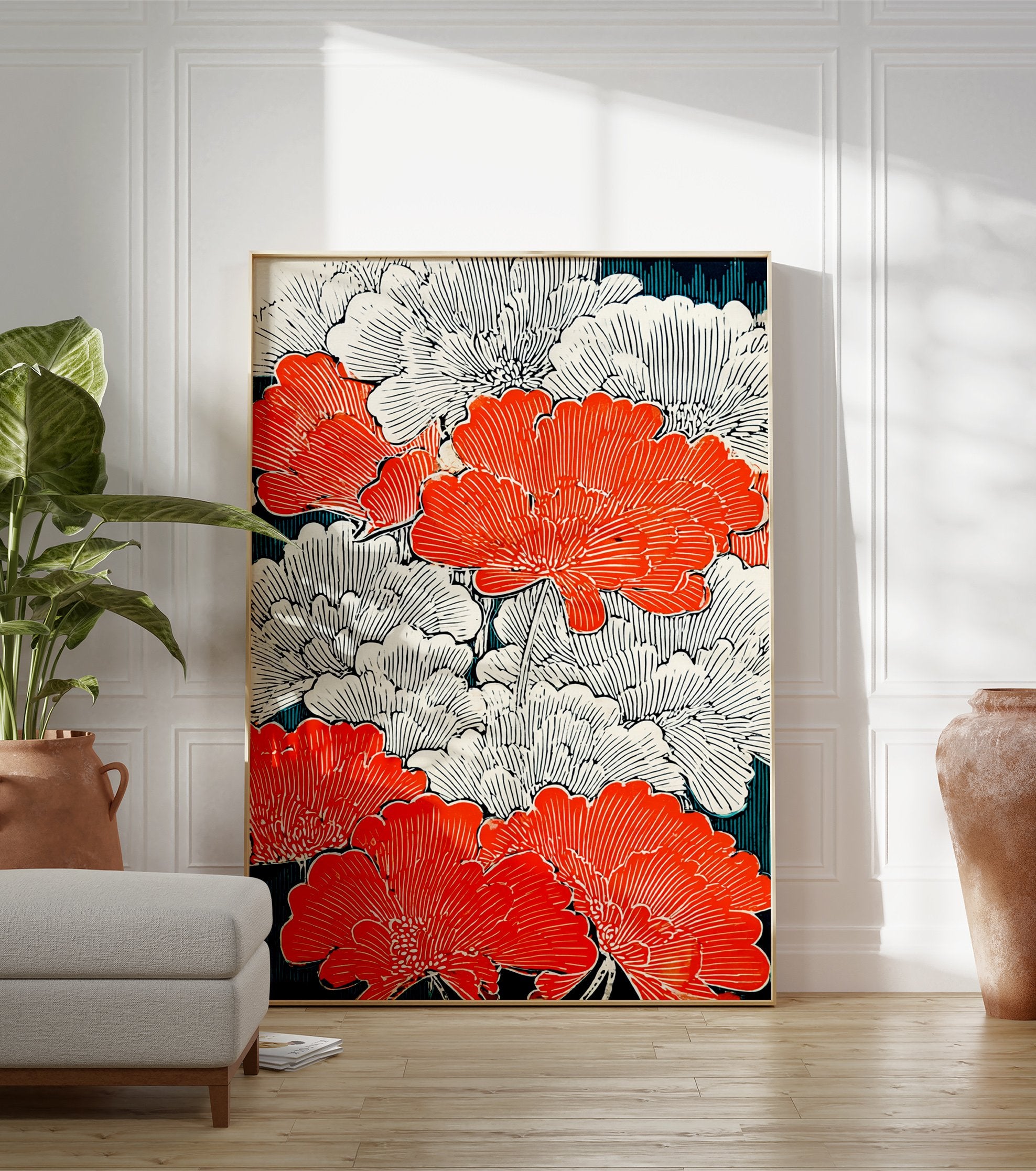Orange and white floral pattern poster in Japanese woodblock style with dark teal background - Image 3