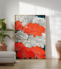 Orange and white floral pattern poster in Japanese woodblock style with dark teal background - Image 3