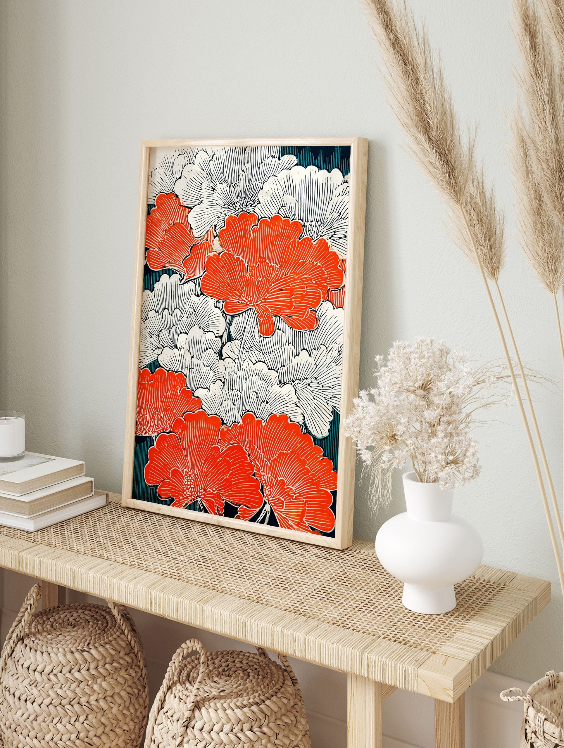 Orange and white floral pattern poster in Japanese woodblock style with dark teal background - Image 4