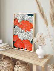 Orange and white floral pattern poster in Japanese woodblock style with dark teal background - Image 4