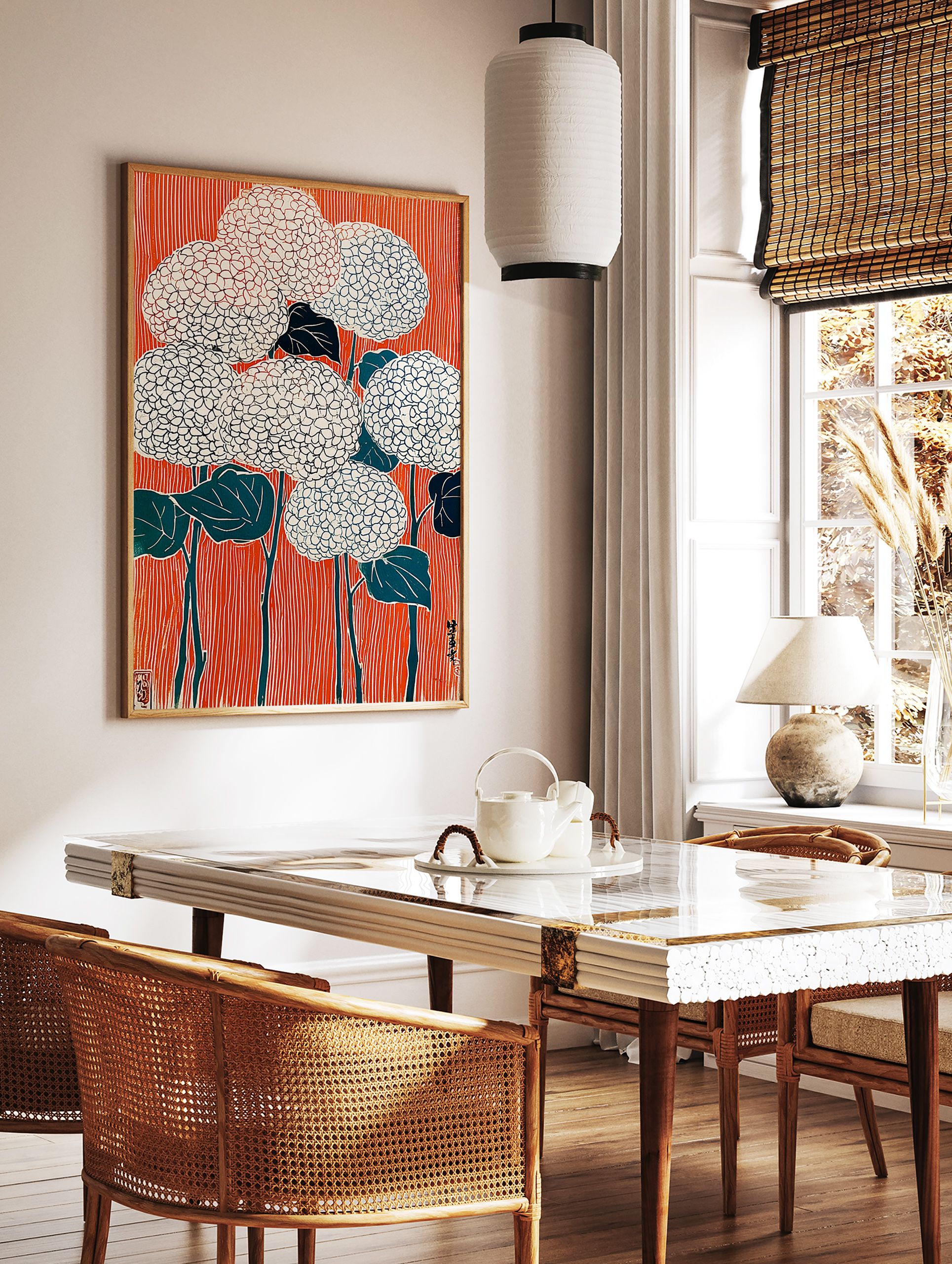Orange Floral Poster featuring stylized white and blue flowers with dark leaves against a vibrant striped orange background in a Japanese woodblock print style. - Image 2