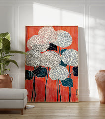 Orange Floral Poster featuring stylized white and blue flowers with dark leaves against a vibrant striped orange background in a Japanese woodblock print style. - Image 3