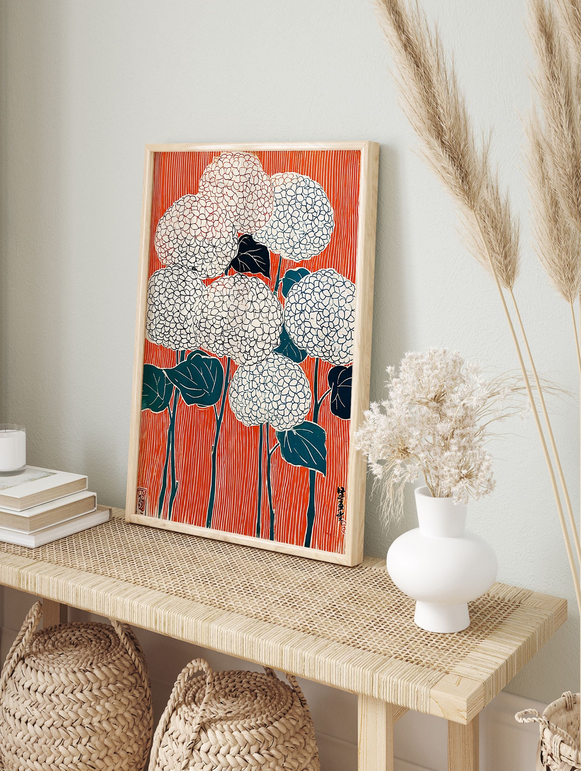 Orange Floral Poster featuring stylized white and blue flowers with dark leaves against a vibrant striped orange background in a Japanese woodblock print style. - Image 4