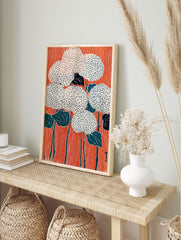 Orange Floral Poster featuring stylized white and blue flowers with dark leaves against a vibrant striped orange background in a Japanese woodblock print style. - Image 4