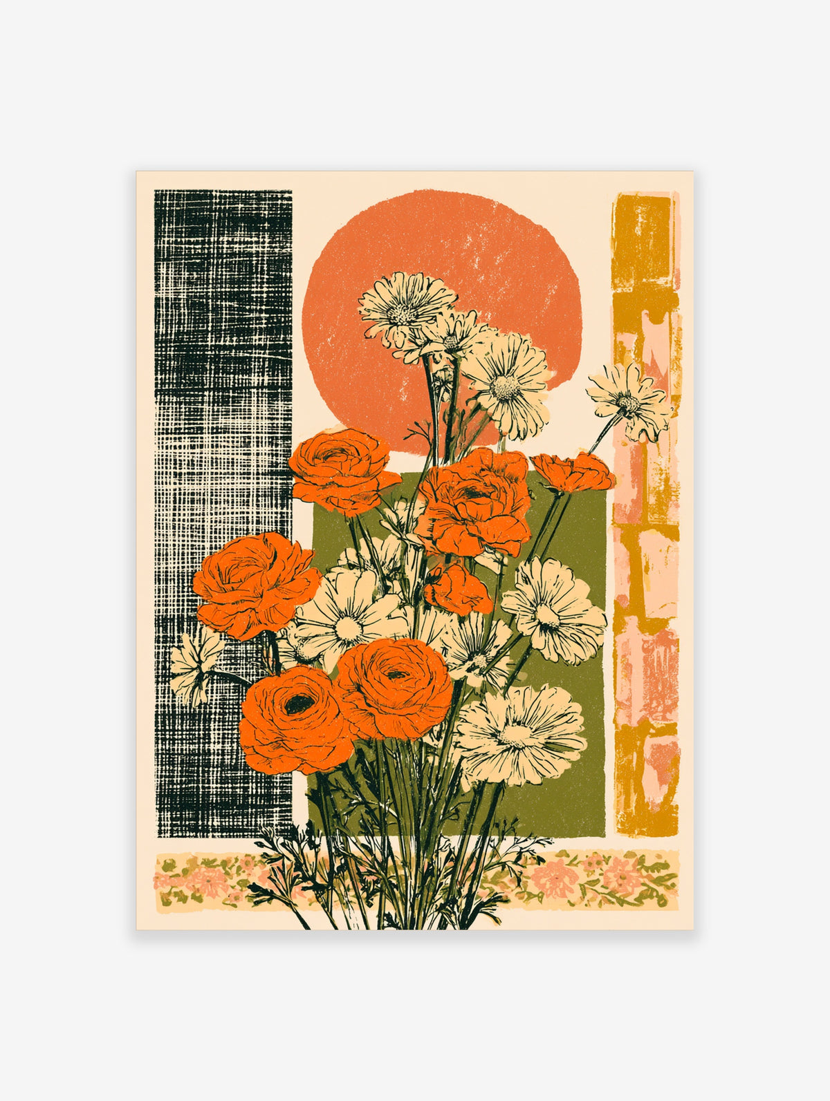 Retro orange and cream flower bouquet poster with coral sun and green block