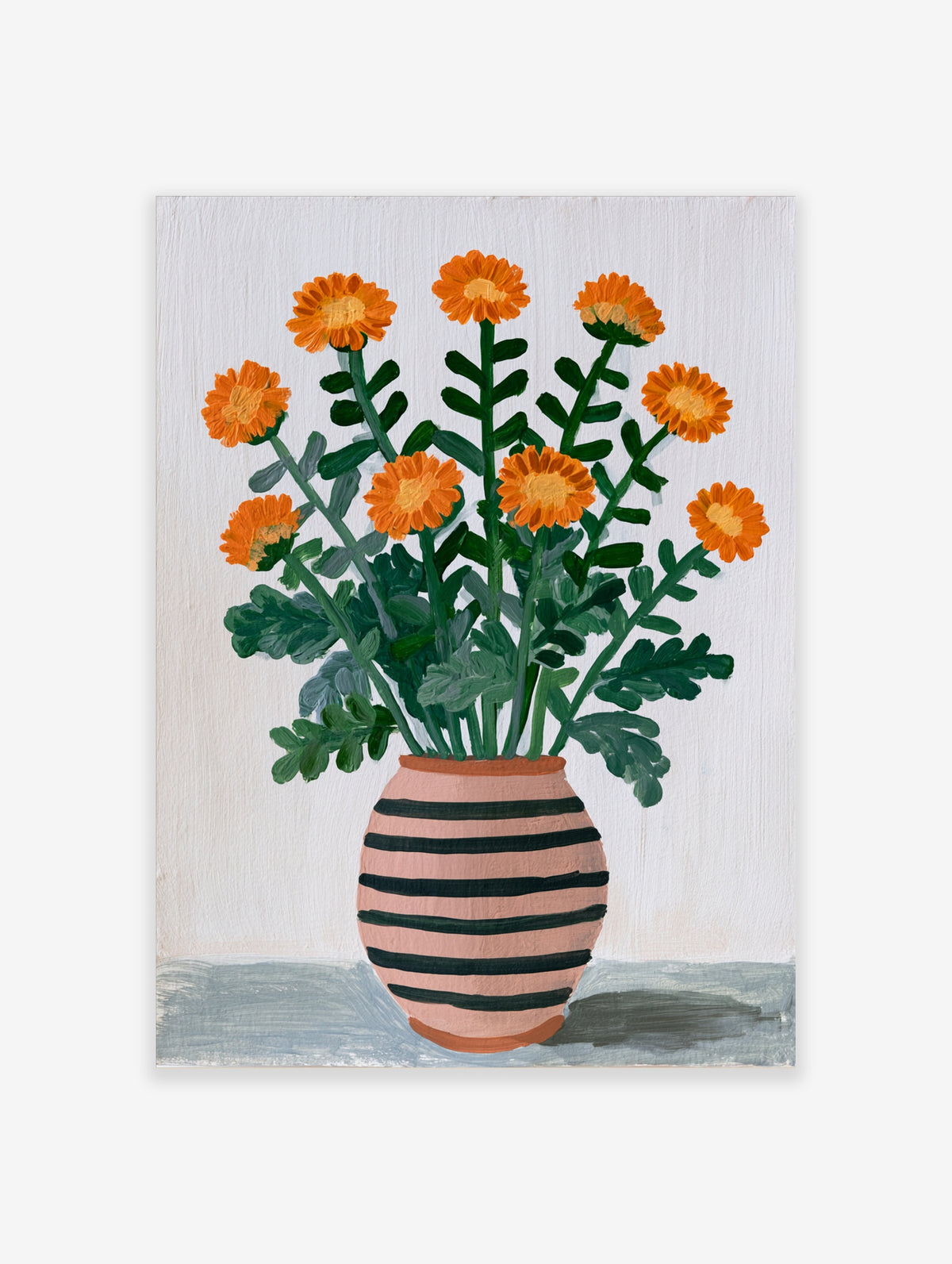 Illustrated orange flower bouquet in a pink and black striped vase on a neutral background