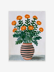 Illustrated orange flower bouquet in a pink and black striped vase on a neutral background