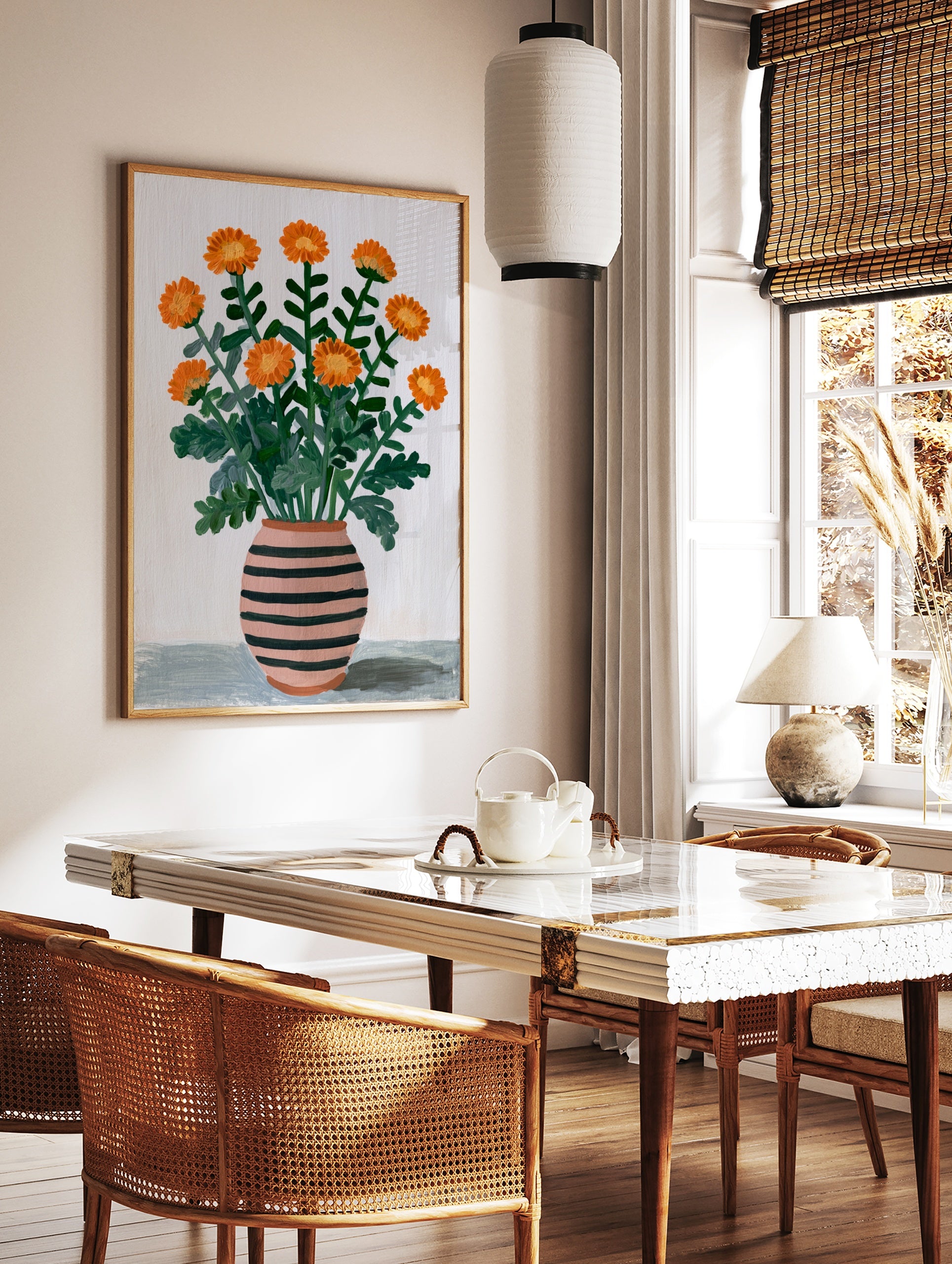 Illustrated orange flower bouquet in a pink and black striped vase on a neutral background, in a styled room mockup