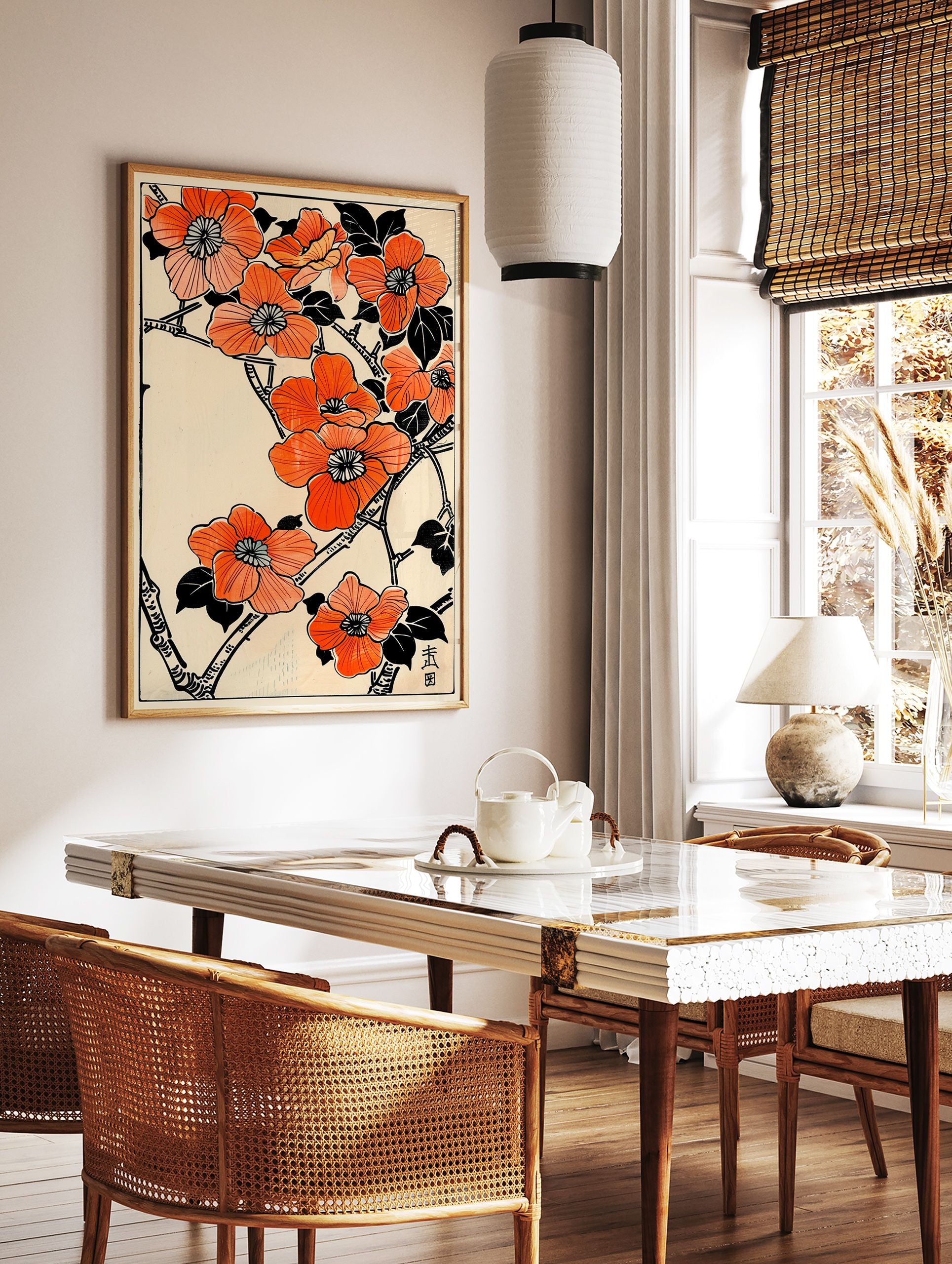Orange flower poster with Japanese botanical illustration of blossoms and branches on a light background. - Image 2