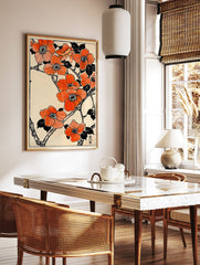 Orange flower poster with Japanese botanical illustration of blossoms and branches on a light background. - Image 2