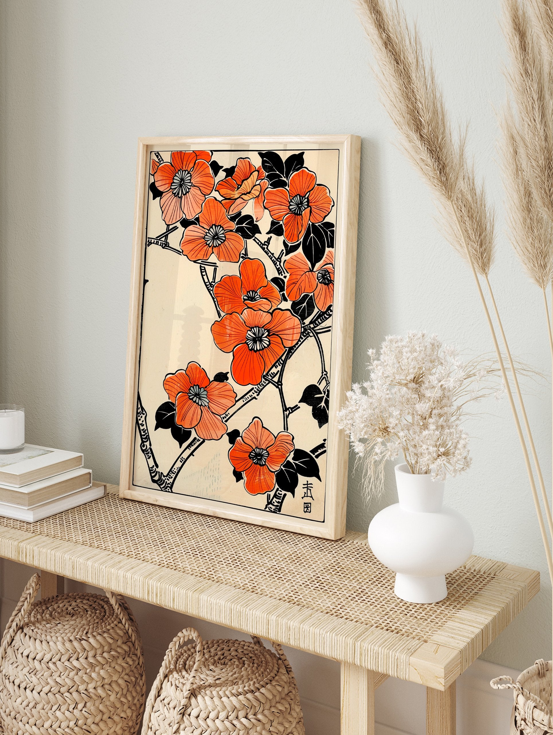 Orange flower poster with Japanese botanical illustration of blossoms and branches on a light background. - Image 4