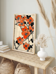 Orange flower poster with Japanese botanical illustration of blossoms and branches on a light background. - Image 4