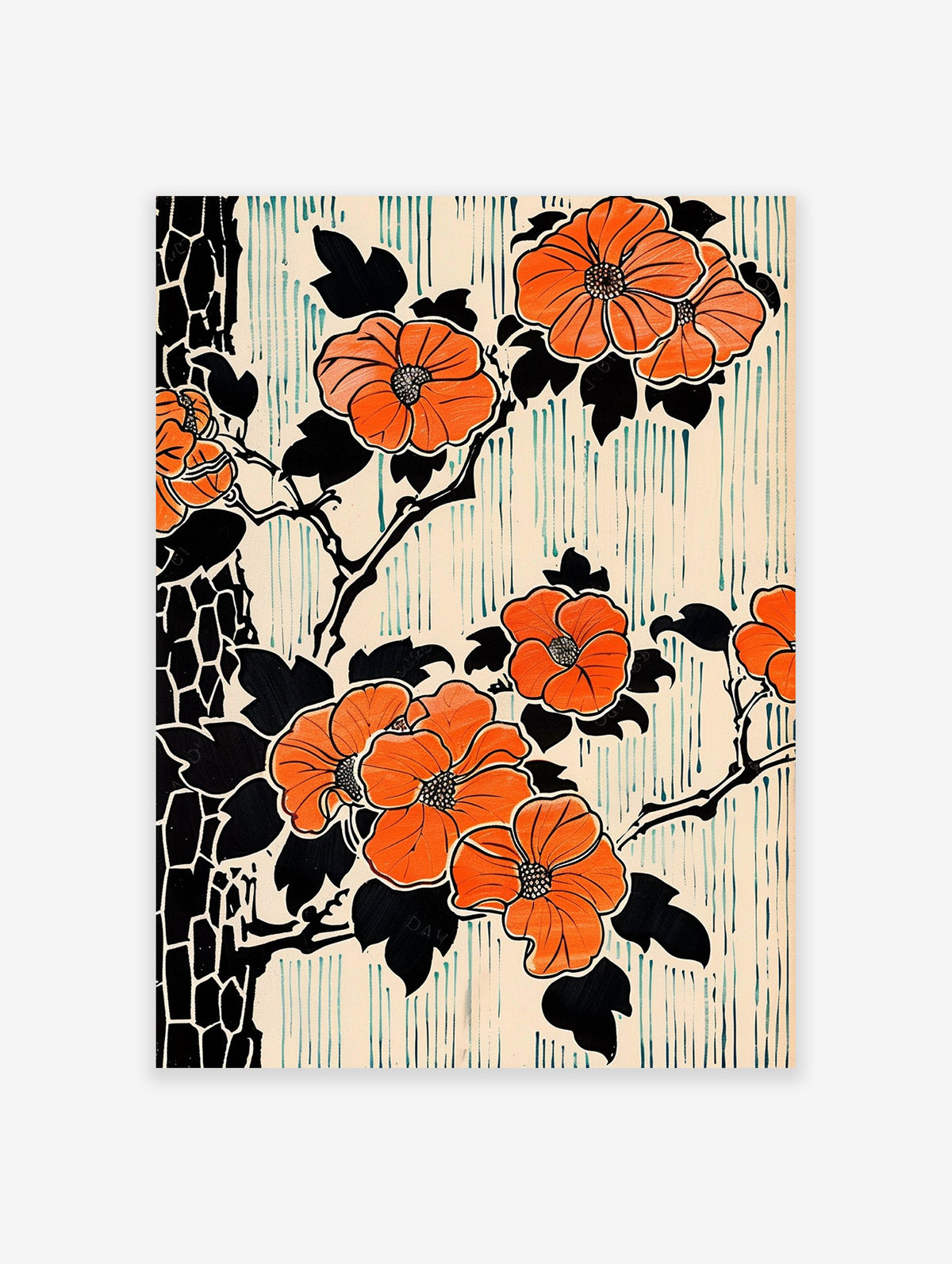 Orange flower botanical poster with black leaves and branches, against a cream background with teal vertical lines in a Japanese art style.