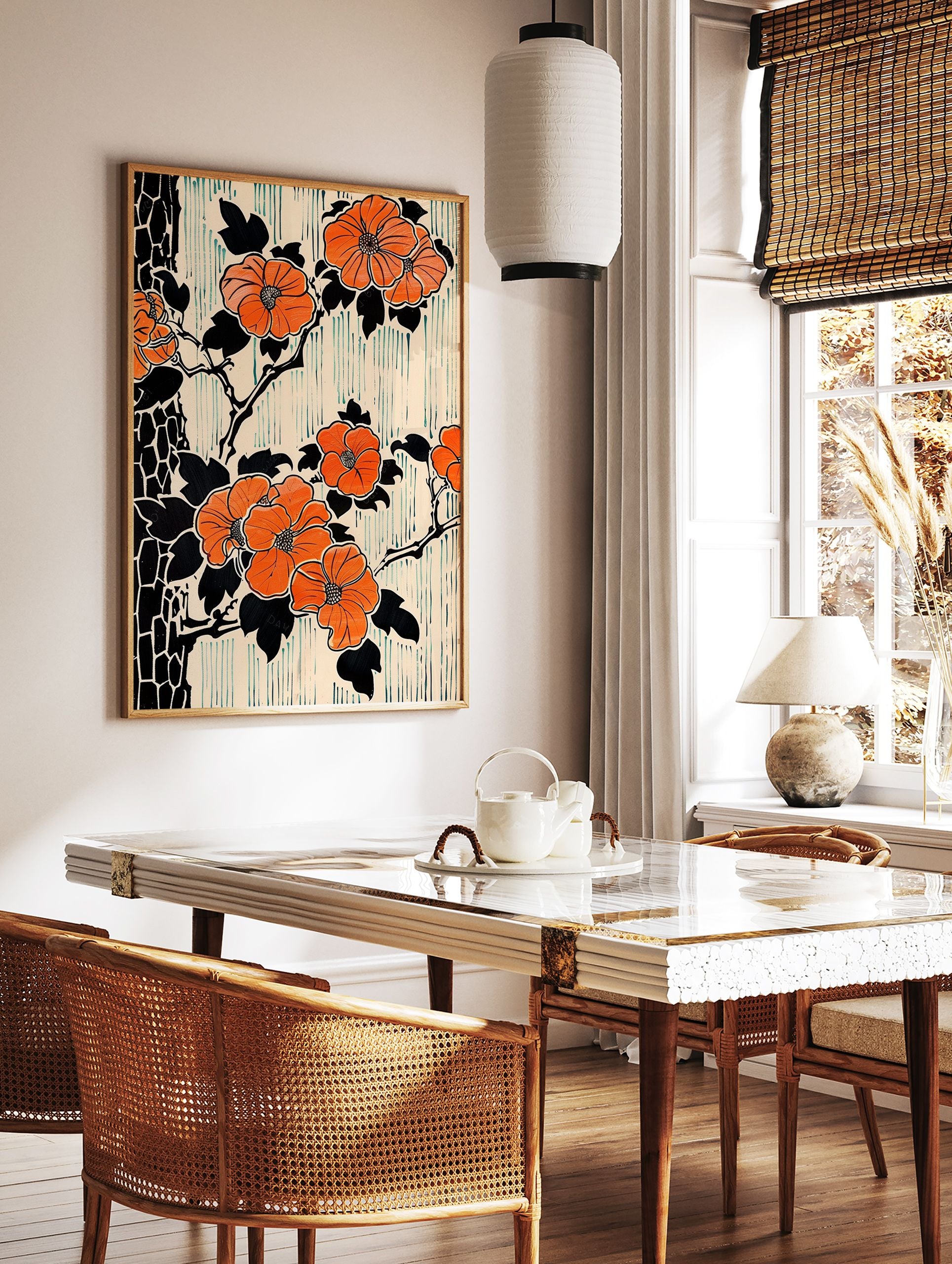 Orange flower botanical poster with black leaves and branches, against a cream background with teal vertical lines in a Japanese art style. - Image 2