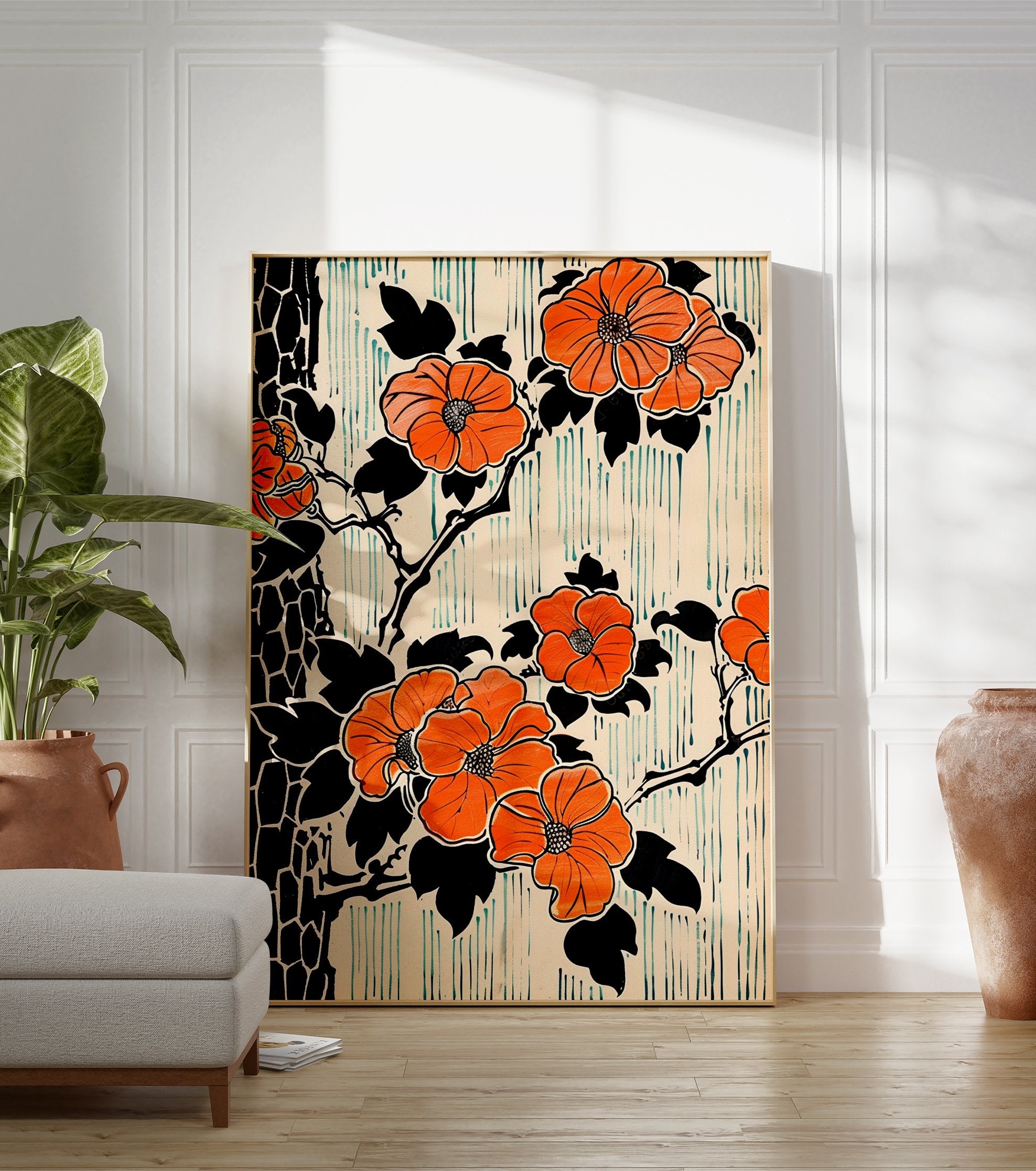 Orange flower botanical poster with black leaves and branches, against a cream background with teal vertical lines in a Japanese art style. - Image 3