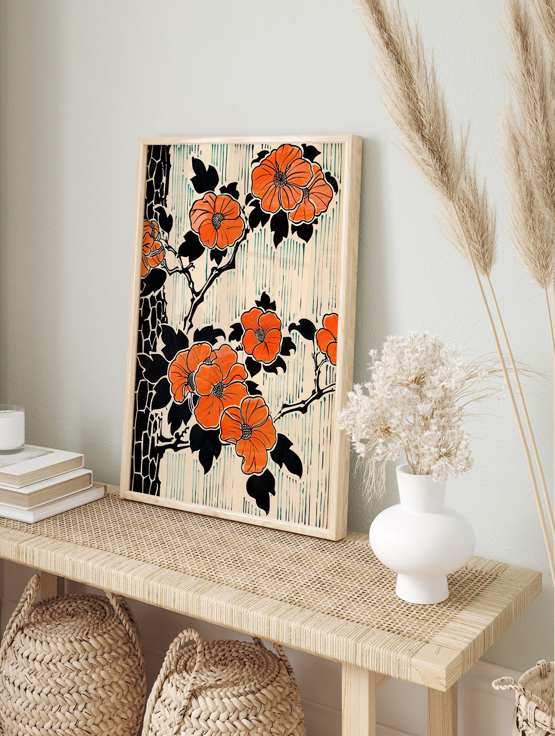 Orange flower botanical poster with black leaves and branches, against a cream background with teal vertical lines in a Japanese art style. - Image 4