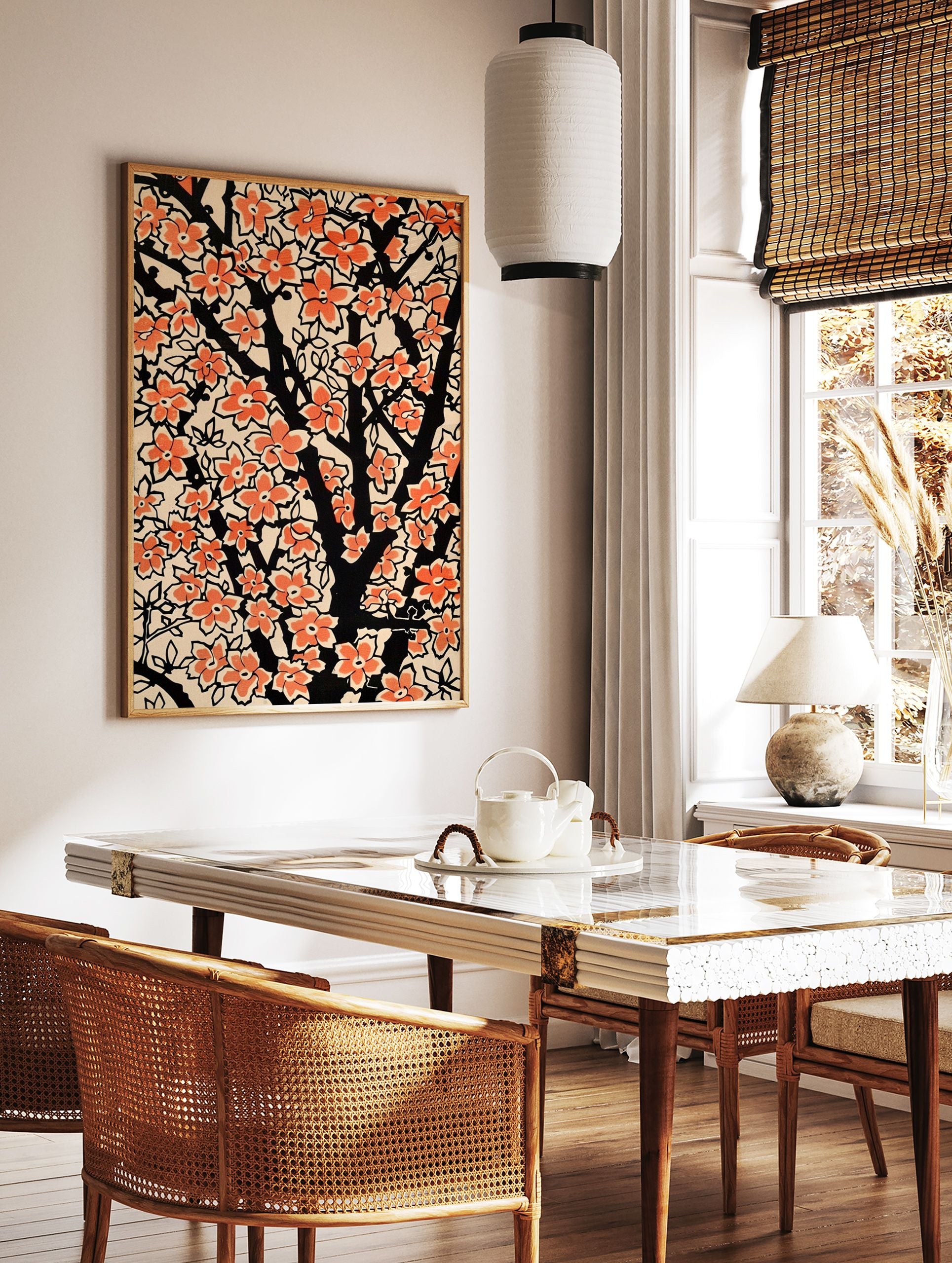 Vibrant orange flower poster featuring stylized blossoms on black branches, set against a light background, botanical art. - Image 2