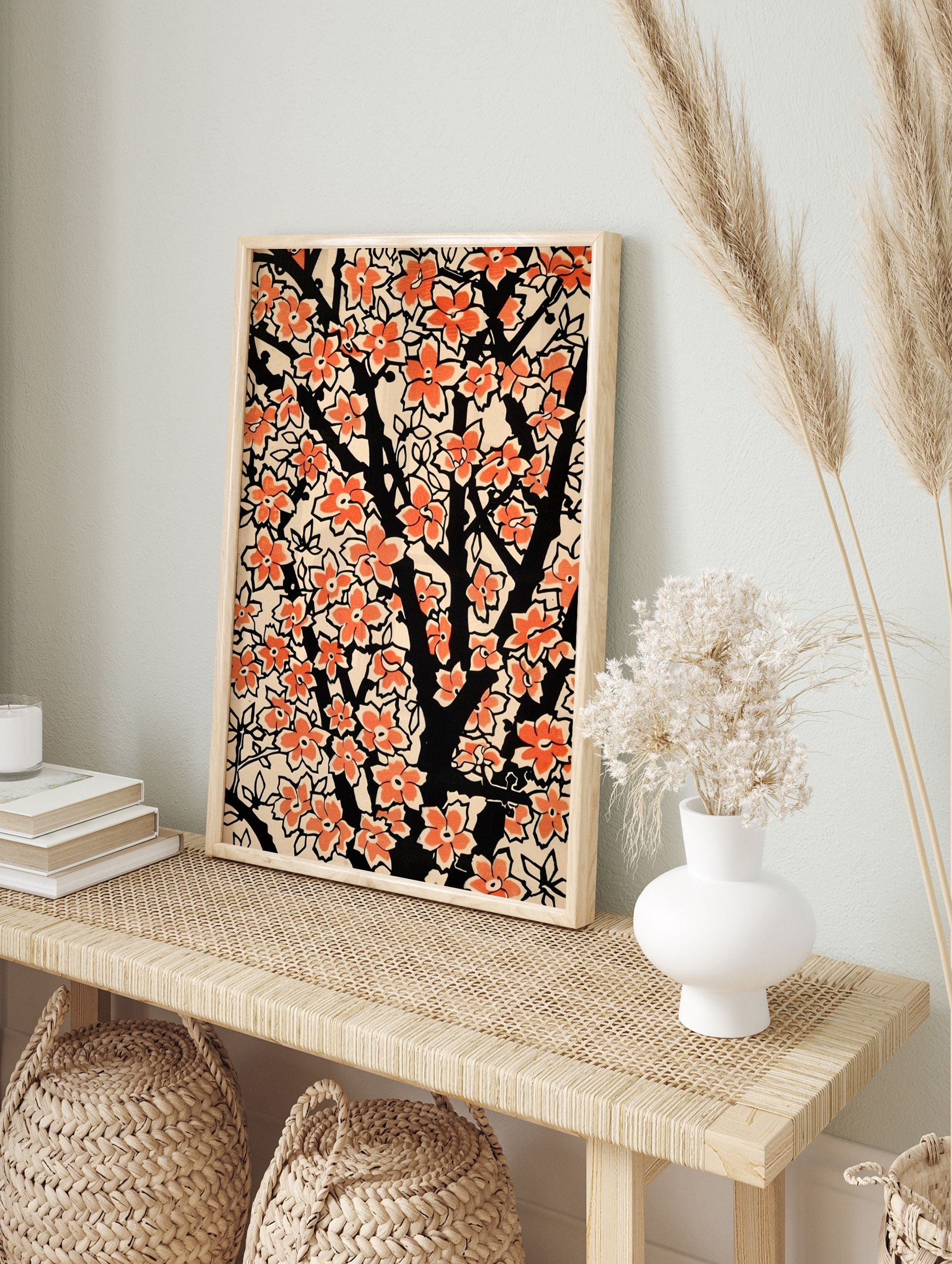 Vibrant orange flower poster featuring stylized blossoms on black branches, set against a light background, botanical art. - Image 4