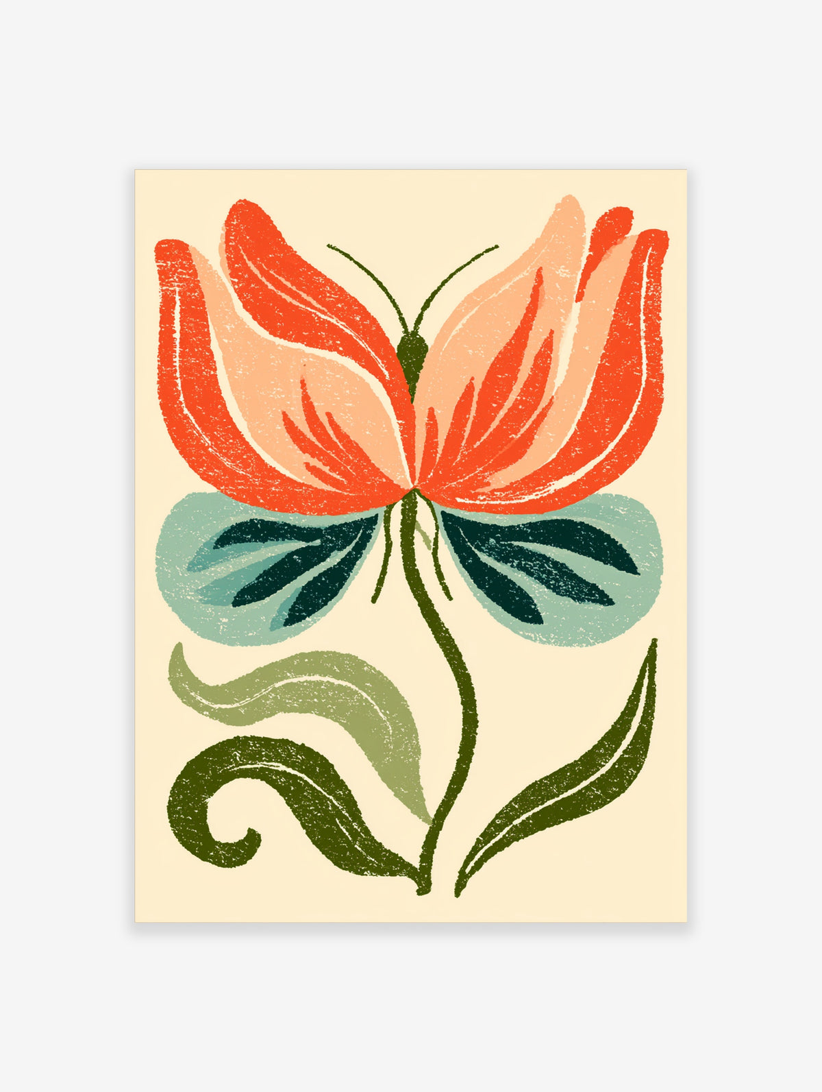 Orange and pink tulip flower art print with teal leaves and curled stem on cream background