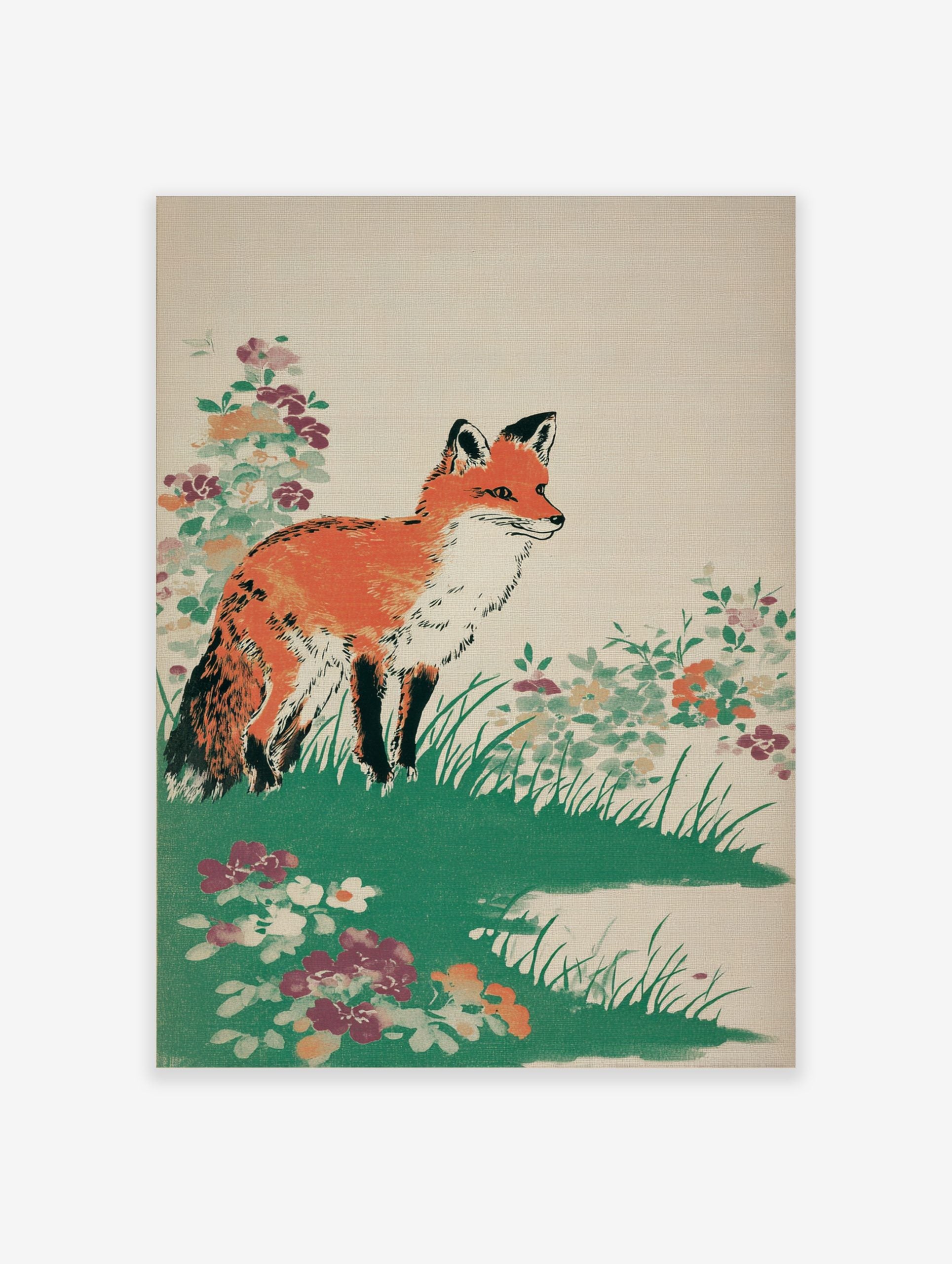 Illustrative print of an orange fox standing in green grass with colourful wildflowers on a beige background