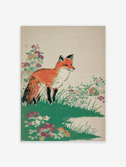 Illustrative print of an orange fox standing in green grass with colourful wildflowers on a beige background
