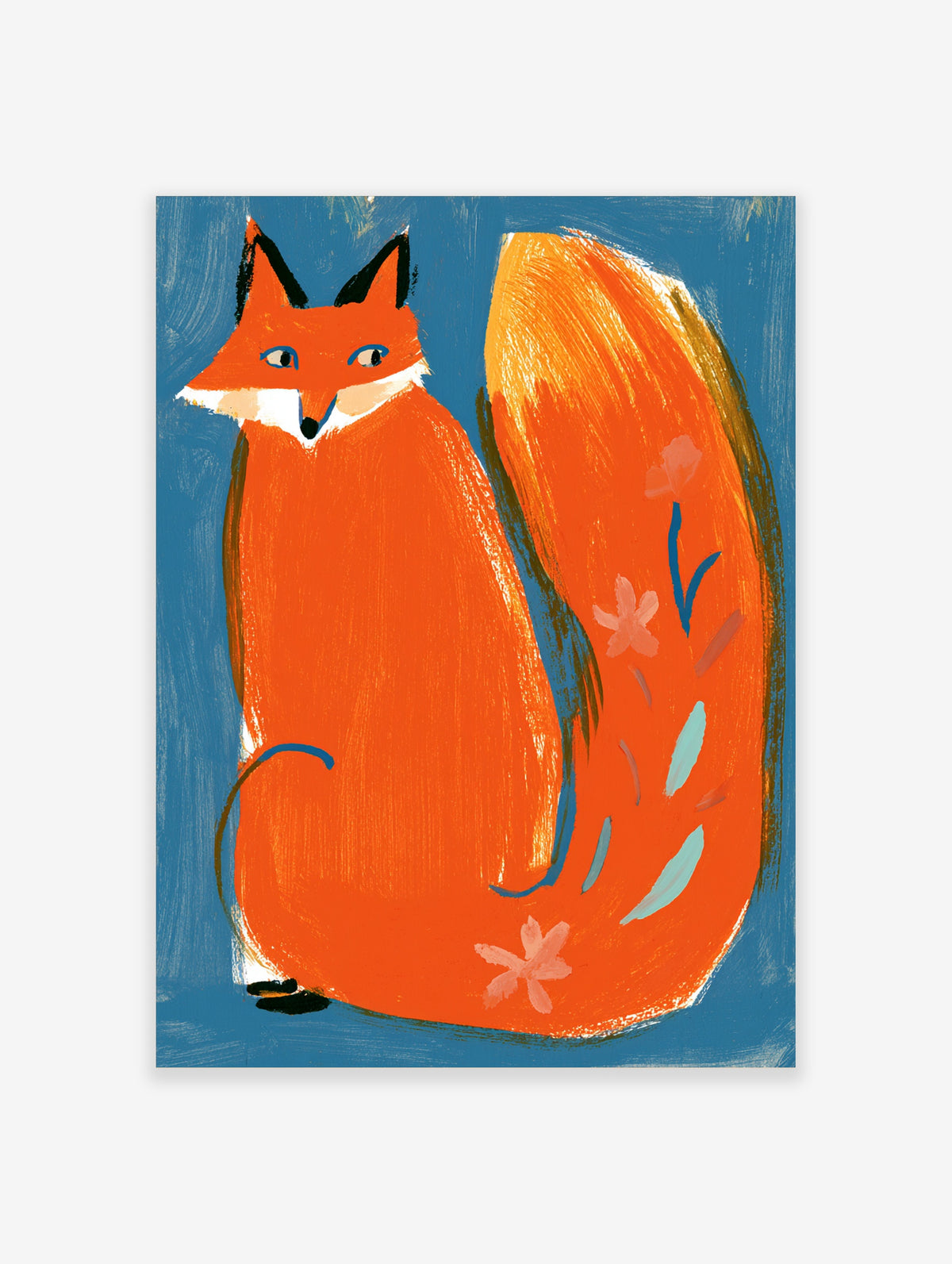 Orange fox illustration with floral tail on blue background, animal art print
