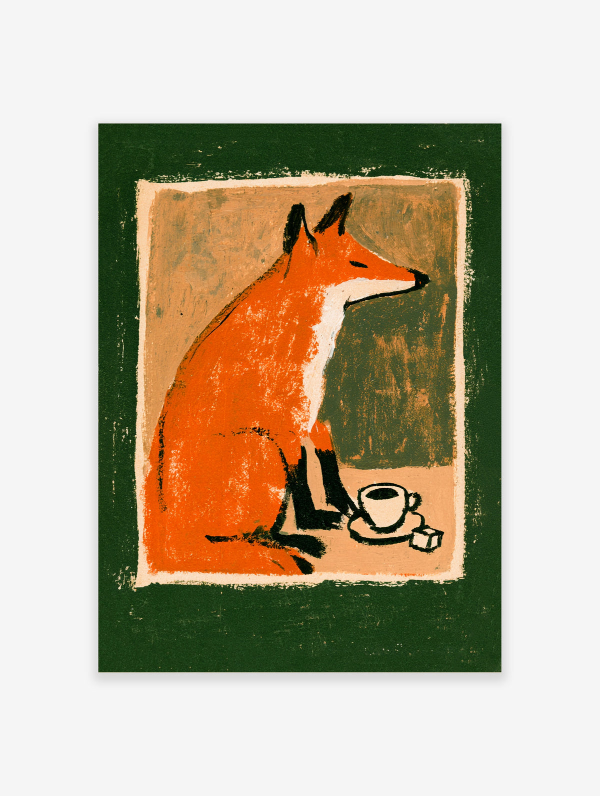 Orange fox seated beside a teacup on a green and beige background, modern animal art print