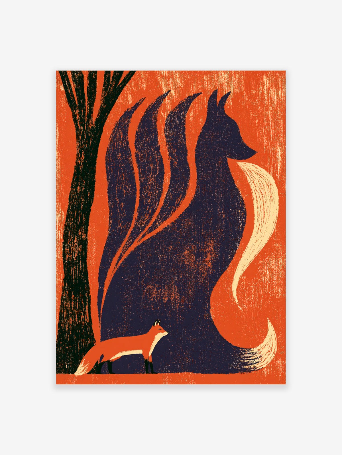 Orange fox poster with small red fox and large dark shadow fox beside a tree on textured orange background