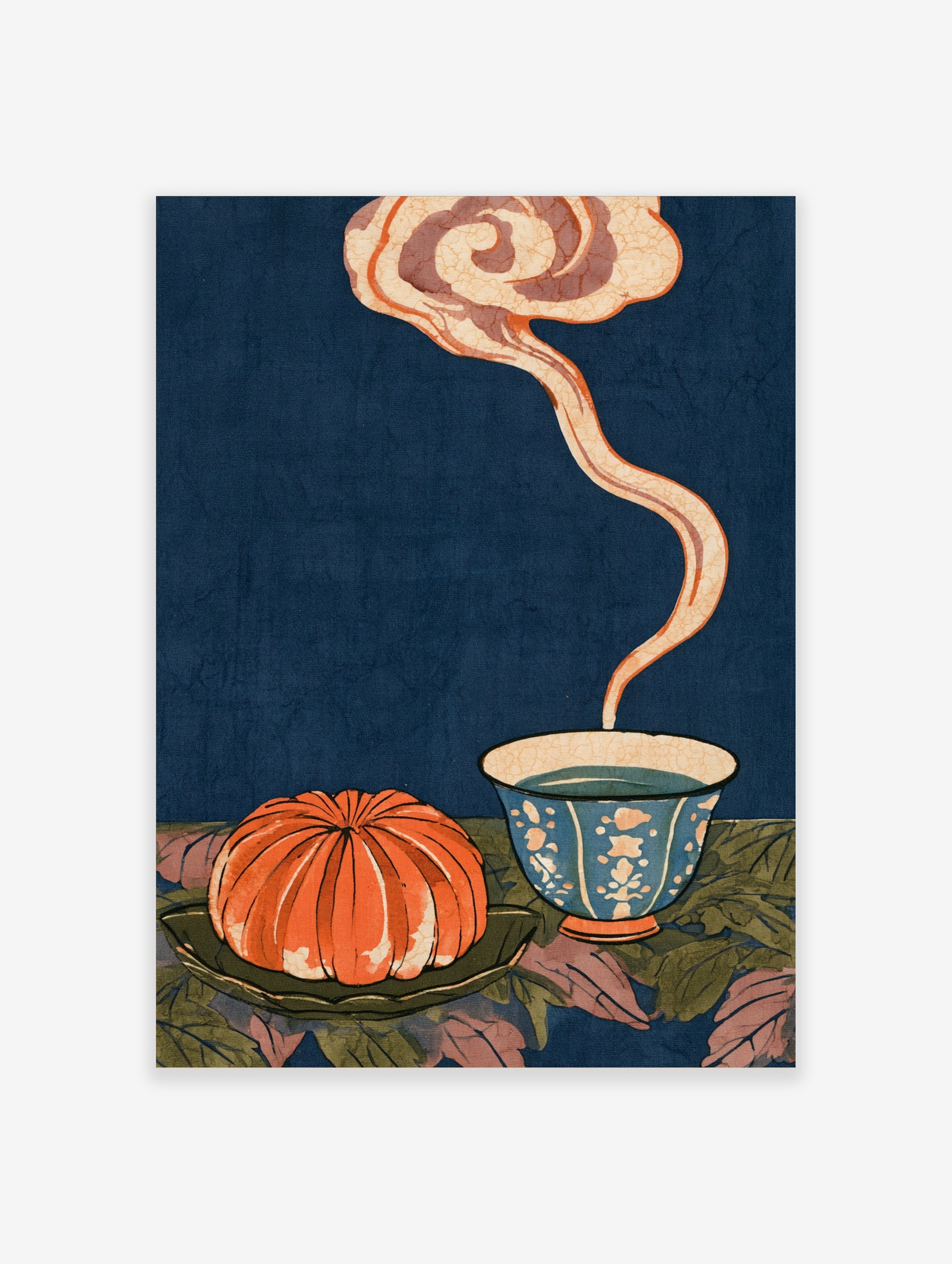 Japanese style illustration of an orange fruit and steaming tea bowl against a deep blue background