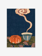 Japanese style illustration of an orange fruit and steaming tea bowl against a deep blue background
