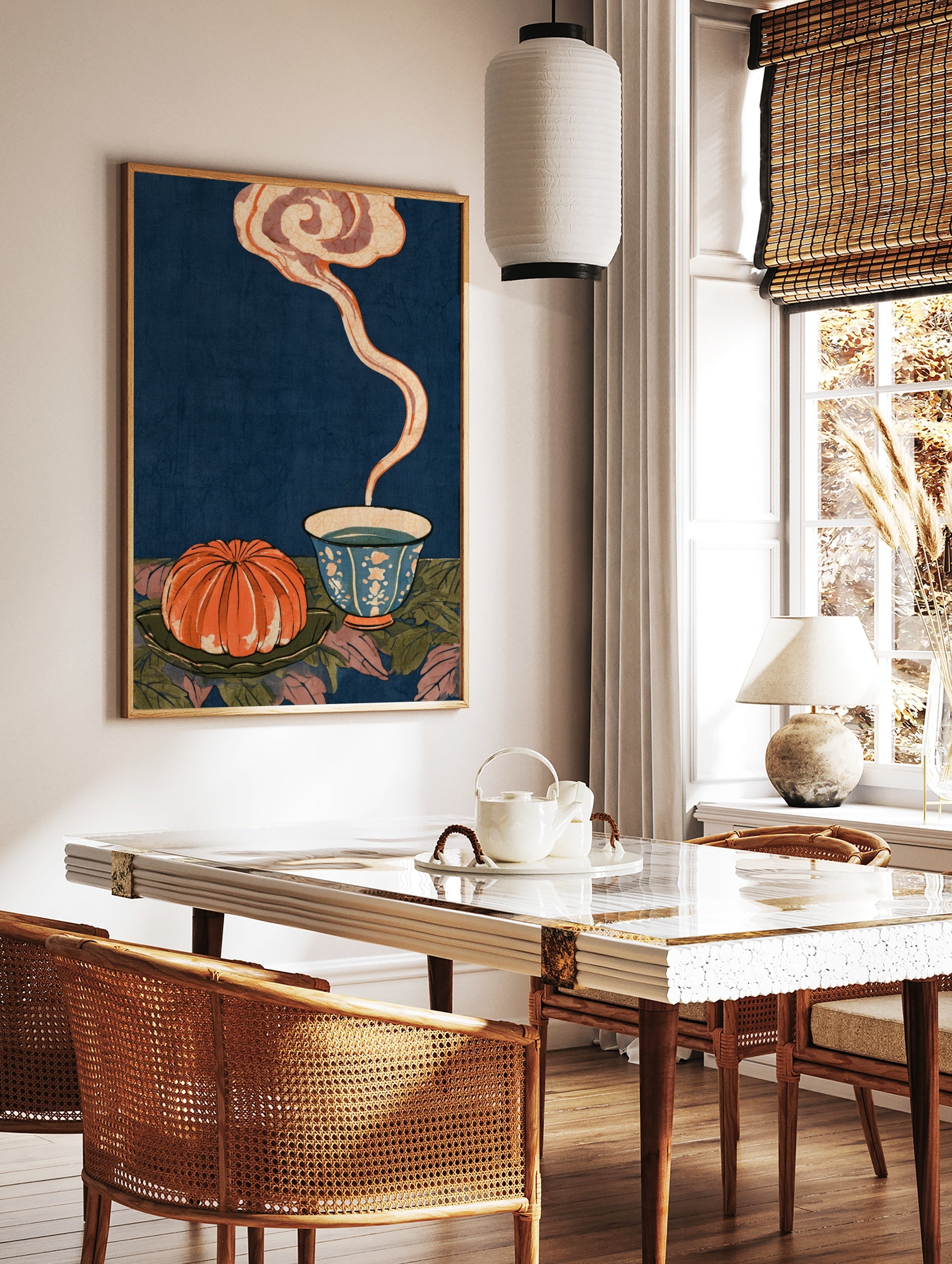 Japanese style illustration of an orange fruit and steaming tea bowl against a deep blue background, in a styled room mockup