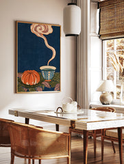 Japanese style illustration of an orange fruit and steaming tea bowl against a deep blue background, in a styled room mockup