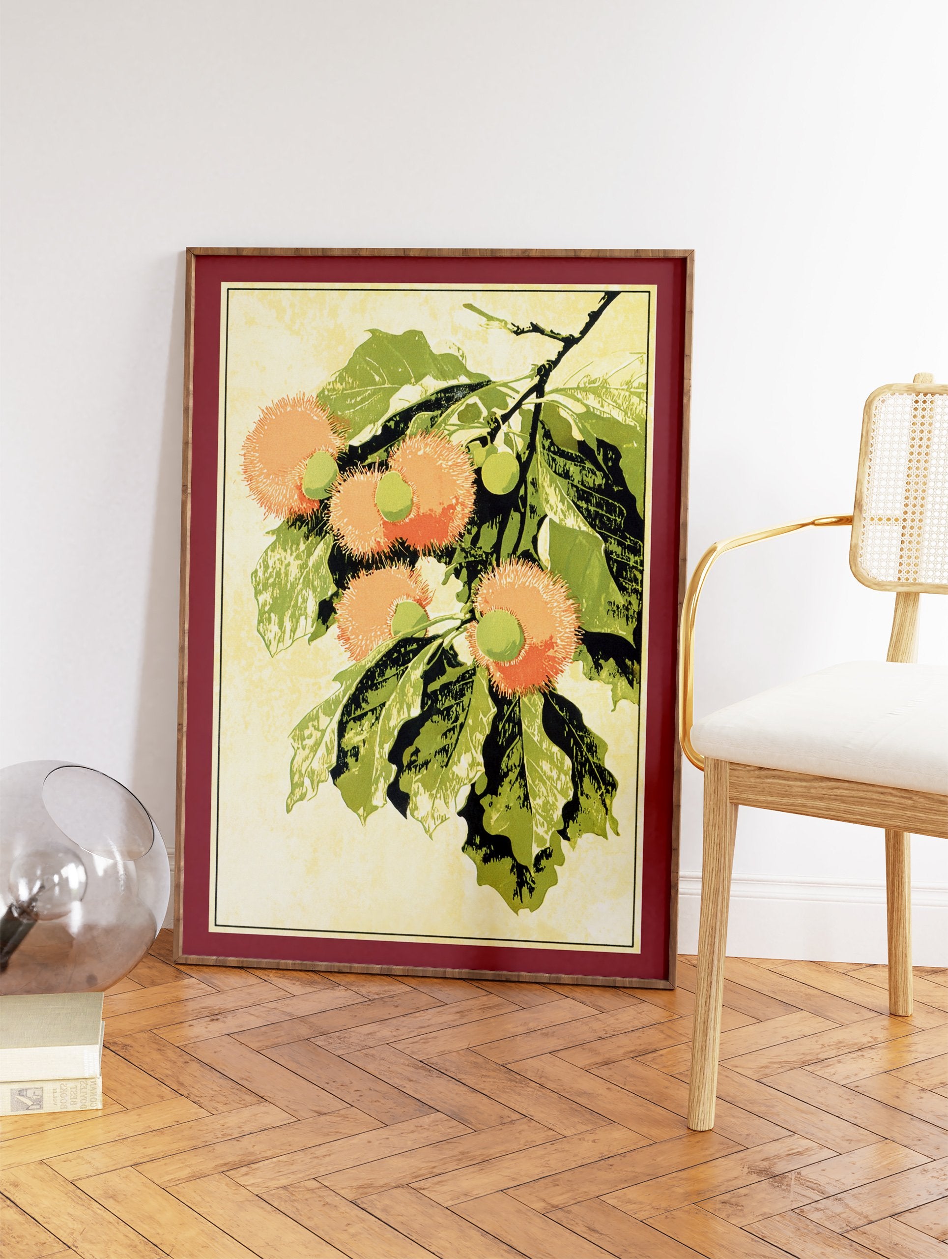 Orange fruit botanical print featuring tropical spiky fruits and green leaves on a branch, in a vintage illustration style. - Image 2