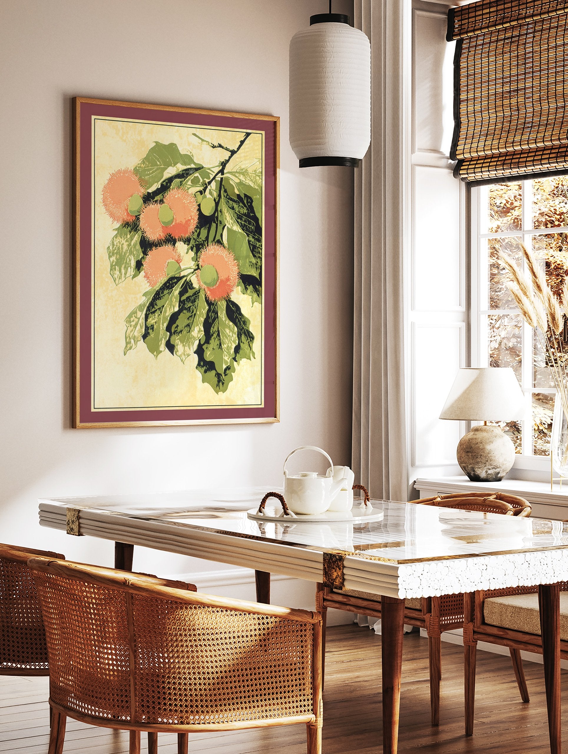 Orange fruit botanical print featuring tropical spiky fruits and green leaves on a branch, in a vintage illustration style. - Image 3