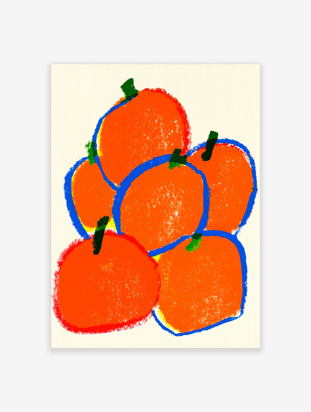 Bright orange fruit poster with five stacked citrus shapes and blue outlines on a plain background