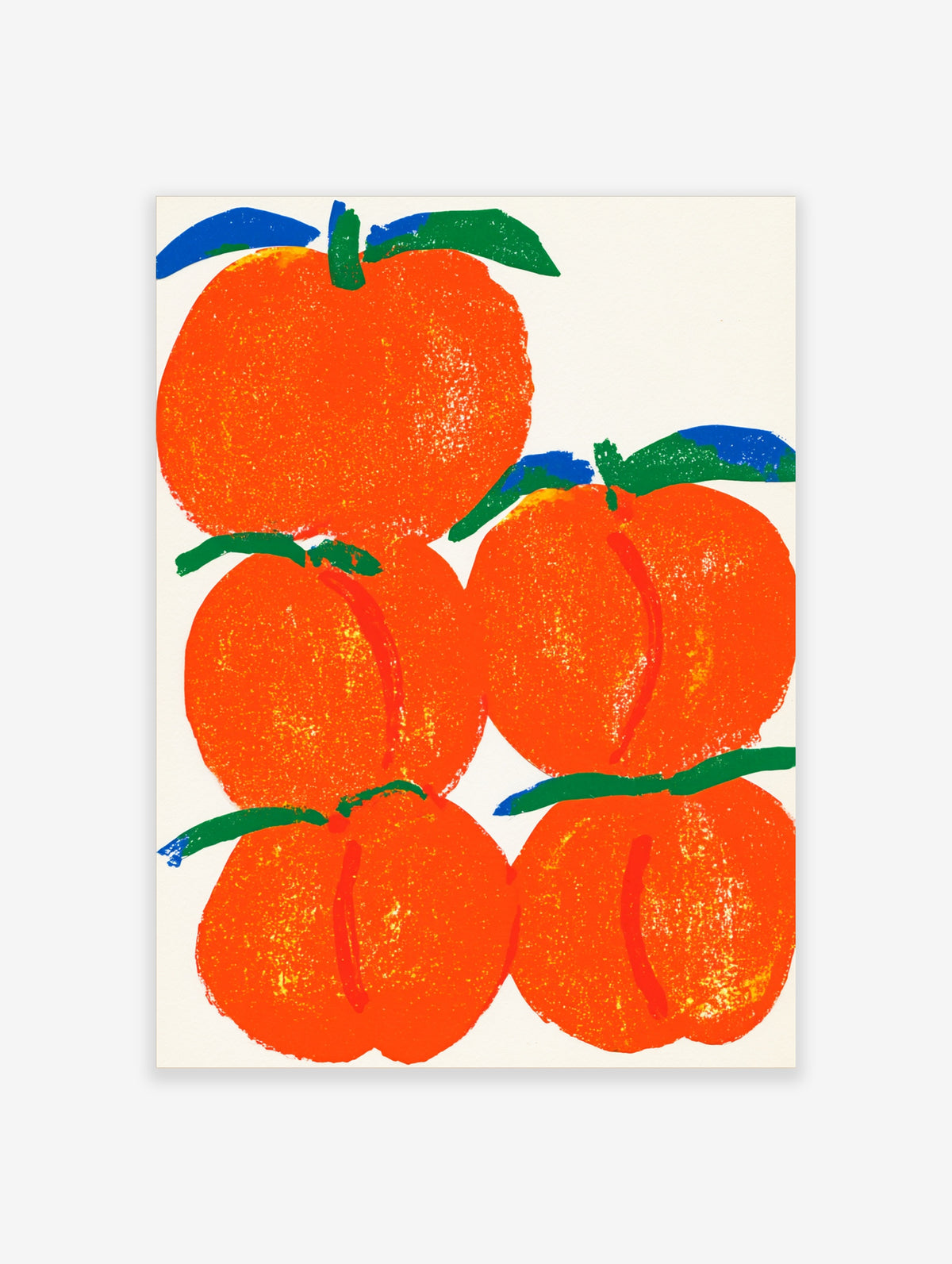 Bright orange fruit poster with five hand-drawn peaches, green leaves, and blue stems on a white background