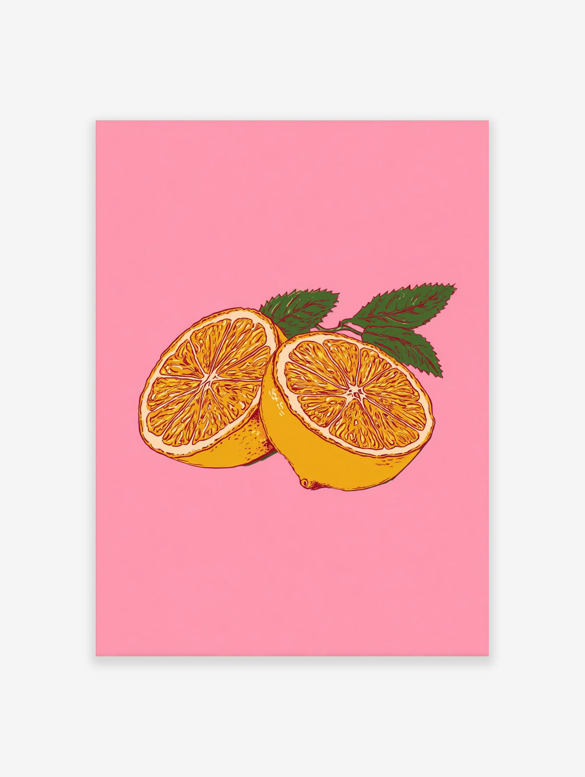 Orange fruit poster with two halved oranges and green leaves on pink background